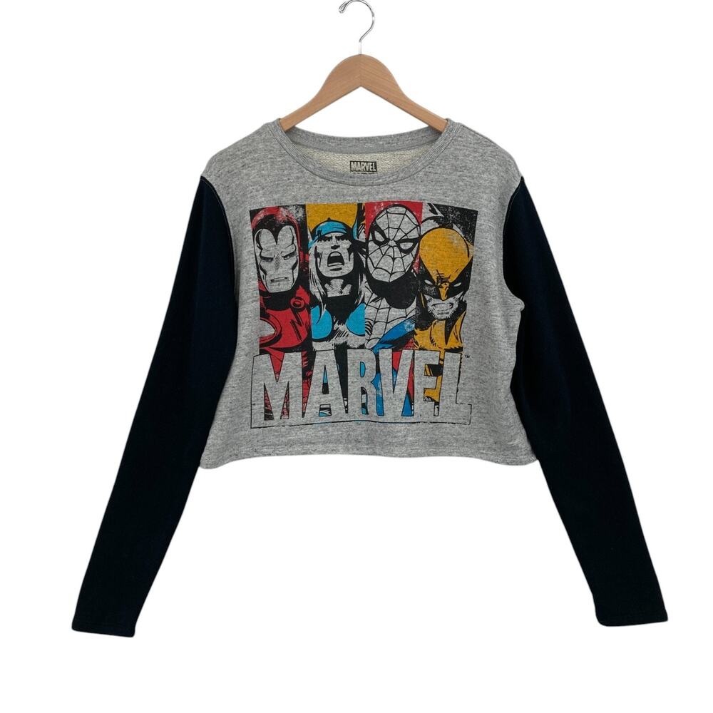 Marvel Heroes Gray Black Crop Top L Womens Spider-Man Iron Man Graphic Print